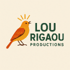 Logo officiel de Lou Rigaou Productions : un rouge-gorge orange chantant, rayons dorés au-dessus de la tête, à côté du nom de l&rsquo;association en lettres vertes